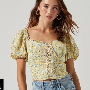 ASTR THE LABEL - Lace Up Floral Puffy Sleeve Top - Size XS - Yellow Floral NWT